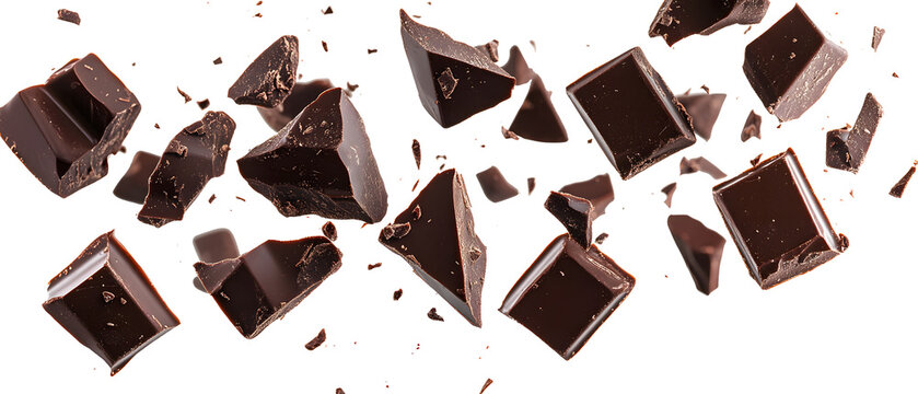Pieces of dark chocolate falling close up on a white background, generative ai