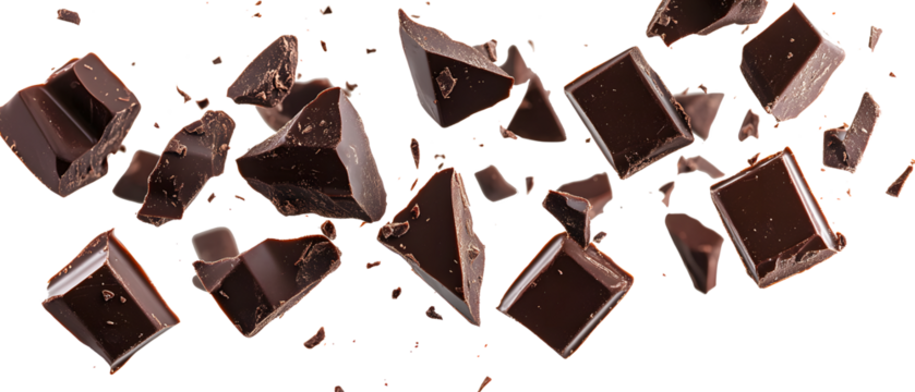 Pieces of dark chocolate falling close up on a white background, generative ai