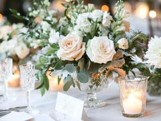 2408 96.A wedding reception table adorned with delicate floral arrangements, including roses, lilies, and eucalyptus. The flowers are placed in elegant glass vases, accompanied by candles and