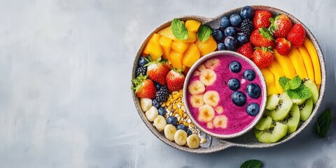 Vibrant fruit bowl featuring strawberries, blueberries, bananas, and mangoes, perfect for healthy eating and summer vibes.