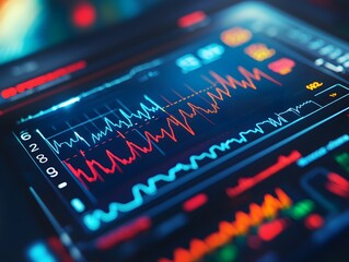 Close-up of a digital heart rate monitor displaying vital signs in vibrant colors, showcasing health data analysis.