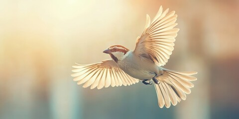 Fototapeta premium A beautiful bird in flight, showcasing its delicate wings against a soft, blurred background, capturing freedom and grace.
