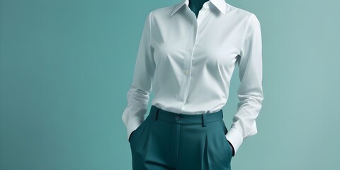 A faceless female mannequin wearing a white dress shirt and slacks against a teal background