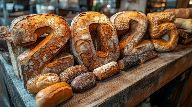Artisan breads forming the year 2025 displayed at a rustic bakery in the early morning light