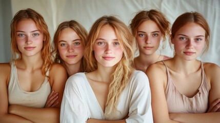 A group of young women sitting closely, wearing casual attire, displaying unity and friendship, captured in soft natural lighting in a serene environment.