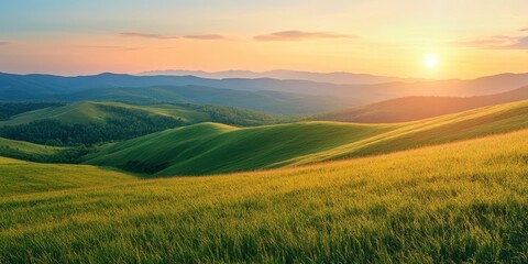 Obraz premium A breathtaking view of rolling hills bathed in golden sunlight, highlighting nature's beauty at sunrise.
