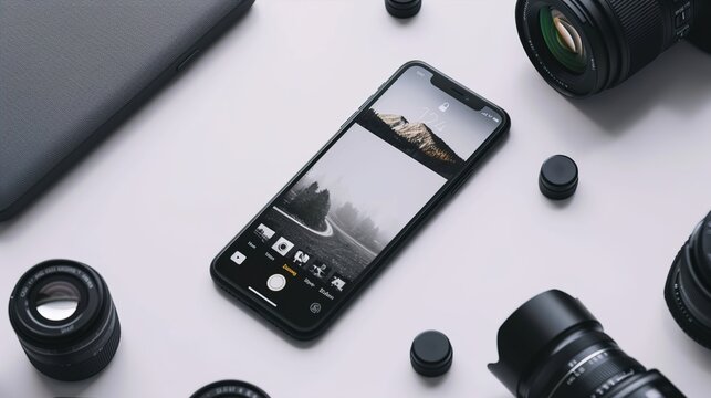 A photography-oriented phone mockup with advanced camera settings, photo editing tools, and stunning photography samples on a solid white background.