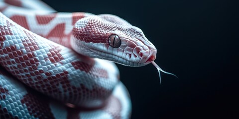 Fototapeta premium A close-up view of a vibrant and colorful snake, showcasing its intricate patterns and unique features against a dark background.