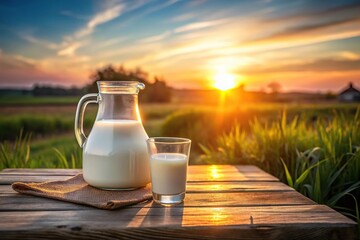 Milk jug and glass on rustic table at dawn in countryside