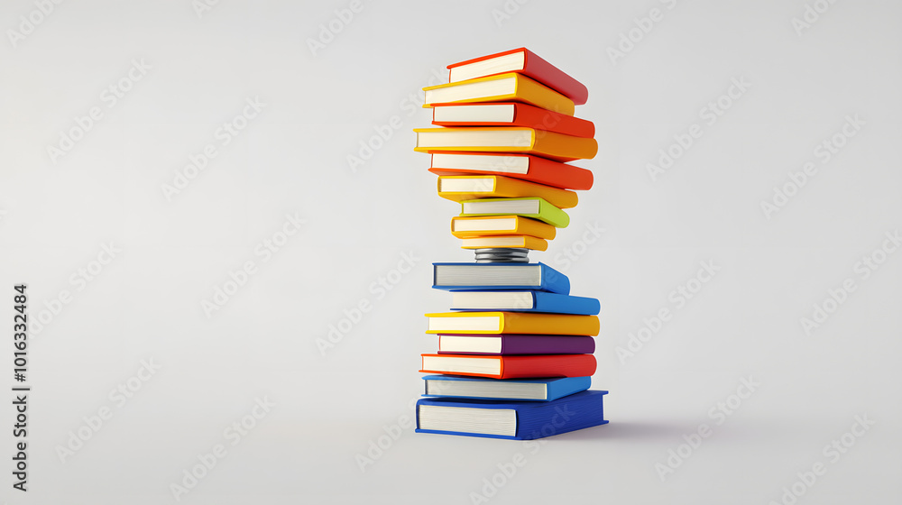 Poster stack of colorful books forming a light bulb shape on white background. 3d rendering