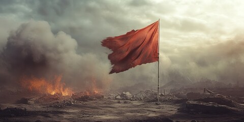 A dramatic scene of a torn red flag waving over a desolate landscape, symbolizing conflict and resilience in a post-apocalyptic world.