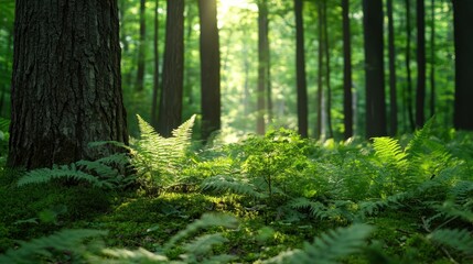 Obraz premium Morning light streams through trees, highlighting vibrant ferns and serene forest undergrowth