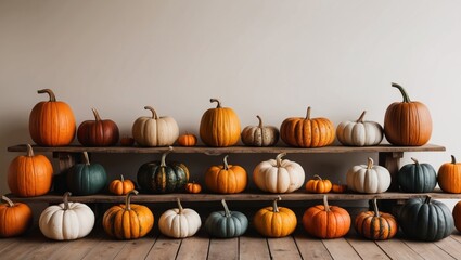 Autumn Harvest Colorful Pumpkins on Wooden Display.
