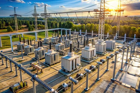High angle view of substation with switchgear and transmission transformers for high voltage electric power
