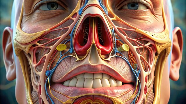 Macro shot of a human nose, showcasing intricate details of nasal passages, turbinate bones, septum, and mucous membranes, highlighting internal anatomical structures.