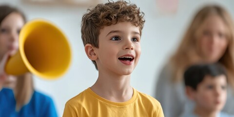 Obraz premium A joyful boy participates in a group activity, engaging with his peers, showcasing excitement and enthusiasm in a vibrant setting.