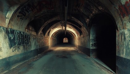 Naklejka premium A dark, graffiti-covered tunnel with a light at the end.