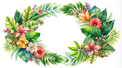 Naklejka premium This charming watercolor round frame showcases tropical blooms and rich green foliage on a clean white background, perfect for botanical-themed