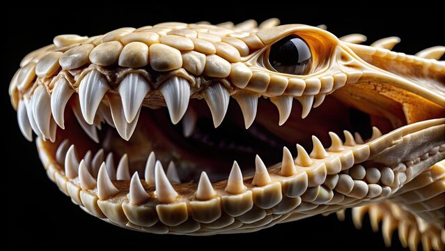 Macro view of a venomous snake's fang structure, showcasing the complex anatomy of the hollow teeth, venom duct, and surrounding skeletal muscles in high contrast.