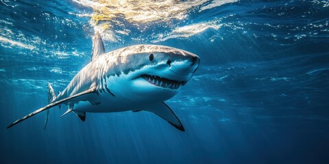 Naklejka premium A majestic shark swimming gracefully through clear blue waters, showcasing its powerful form and unique features.
