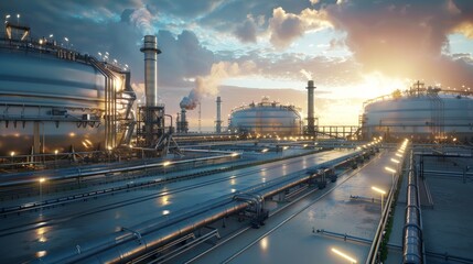 A vast industrial complex with a massive LNG storage tank designed for holding liquified natural gas at low temperatures, showcasing modern energy infrastructure