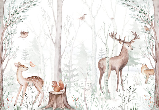 Fototapeta Woodland cartoon Animals watercolor illustration template. Pre made frame for baby shower, birthday invitation kids baby deer, fox in the forest. Cute bear, rabbit and birds