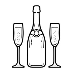 Line art drawing of a bottle of champagne and two champagne flutes. Vector illustration