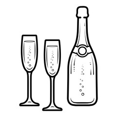 Bottle of champagne and two flutes clip art line art. Vector illustration