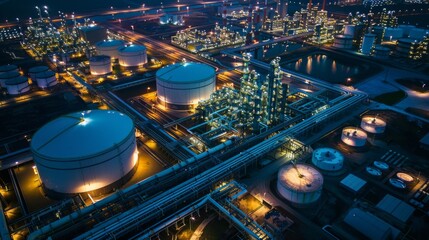 A vast industrial complex with a massive LNG storage tank designed for holding liquified natural gas at low temperatures, showcasing modern energy infrastructure
