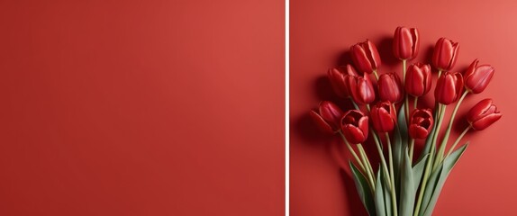 Red Tulips on Red Background with Copy Space.