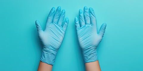 Obraz premium A pair of hands wearing blue latex gloves against a teal background, ideal for healthcare and hygiene themes.
