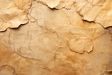 Fototapeta premium Close-up of cracked and weathered texture of old, dried-out parchment paper in warm, brown tones, creating a natural, vintage background.