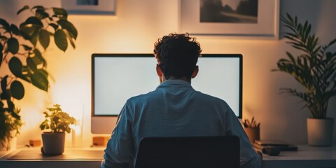A person working at a computer in a cozy, dimly lit home office surrounded by plants and warm light.