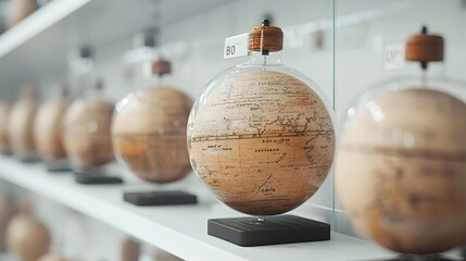 Vintage wooden globes of different sizes and colors are displayed on a wooden shelf with one globe slightly spinning and casting long shadows across the shelf creating a nostalgic