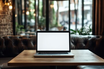 Modern Workspace with Laptop in Cozy Cafe Setting