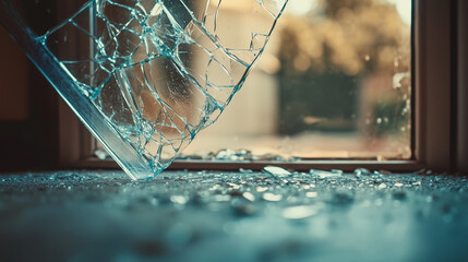Shattered window pane with scattered glass pieces