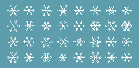 Hand drawn snowflake doodle vector icon collection, winter snow symbol. White snowflakes on a blue background