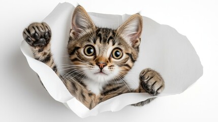 Fototapeta premium A cute tabby kitten with big green eyes looks out from a hole in a sheet of white paper.