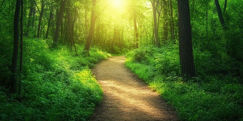 Fototapeta premium A serene forest path illuminated by warm sunlight, surrounded by lush greenery and vibrant foliage, inviting a peaceful stroll.