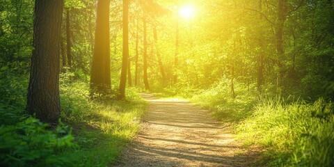 Obraz premium A serene forest path illuminated by sunlight, surrounded by lush greenery and vibrant foliage, perfect for nature lovers.