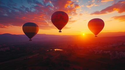 Three Hot Air Balloons Soaring Through a Vibrant Sunset Sky