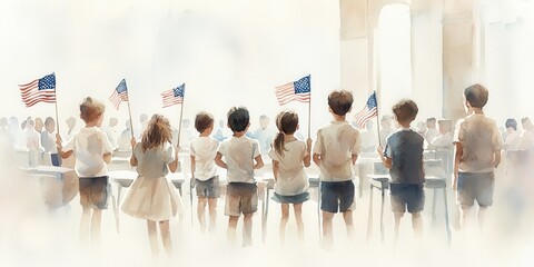 Fototapeta premium A group of children stand together, holding small American flags, with a backdrop of a light-filled monument.