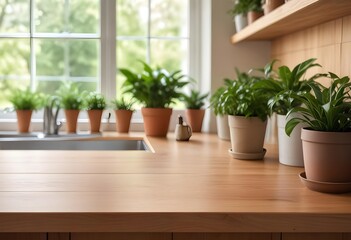Fototapeta premium A wooden kitchen counter with potted plants and greenery in the background, with a blurred outdoor scene visible through a window