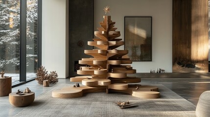 Unique Christmas tree design crafted from sleek wooden furniture in a modern living space