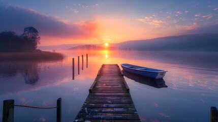 Fototapeta premium Sunrise over a calm lake with mist rising from the water, creating a serene and peaceful atmosphere