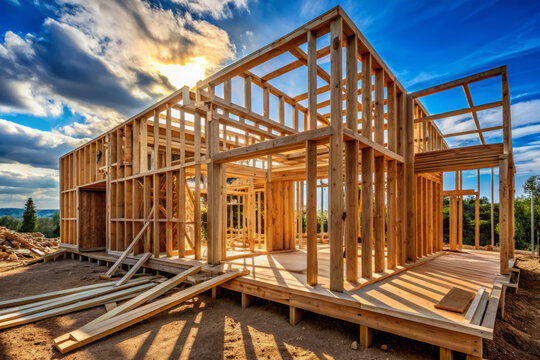 house being built with wooden framing under beautiful sky, showcasing construction process and natural surroundings. sunlight adds warm glow to scene, highlighting structures progress