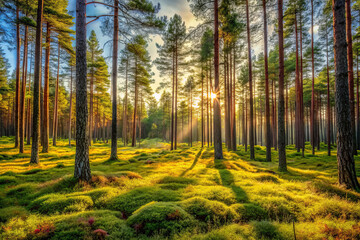 serene forest scene with tall trees and lush green grass, illuminated by warm glow of sun peeking through branches. vibrant colors create peaceful atmosphere