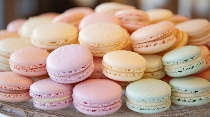 Fototapeta premium A beautiful assortment of pastel macaroons arranged on a table, with soft lighting highlighting their delicate and colorful shells.