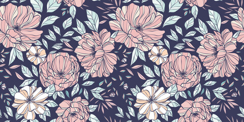 Dark floral background pattern, seamless repeating pattern with peony illustrations, flower banner or cover concept design © Kati Moth