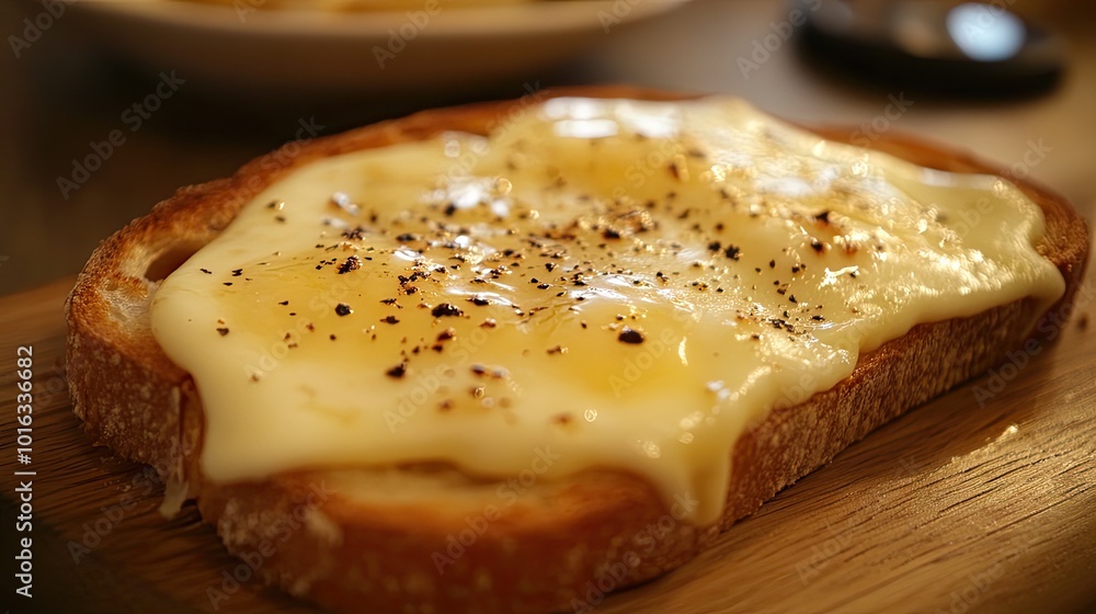 Wall mural A close-up of a perfectly toasted slice of bread topped with a melted slice of cheese, warm and inviting, ready to enjoy.